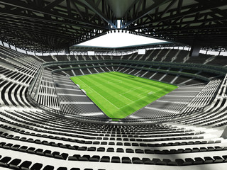 Fototapeta premium 3D render of a large capacity soccer-football Stadium with an open roof and black chairs