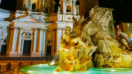 Famous Fountain of the Four Rivers at Piazza Navona in Rome