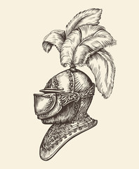 Medieval knight helmet. Vintage sketch, vector illustration - obrazy, fototapety, plakaty