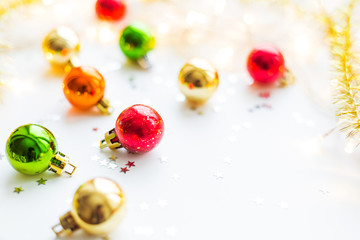 Christmas and New Year background with colorful decorative balls for Christmas tree. Place for text.