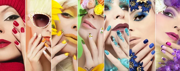 Foto op Aluminium Радужный разноцветный макияж и маникюр на ногтях с различным дизайном на девушке для любого время года. © marigo