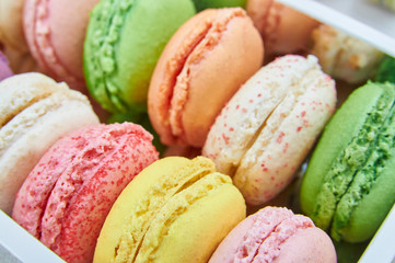 Colorful french macaroons in a box
