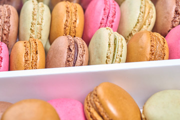 Colorful french macaroons in a box