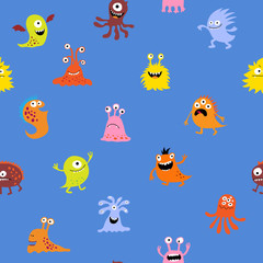 Seamless cute pattern with aliens on a blue background