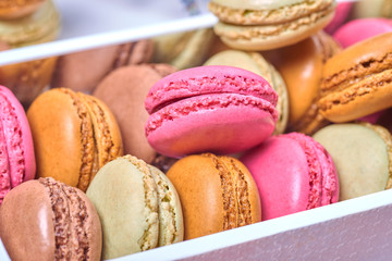 Colorful french macaroons in a box