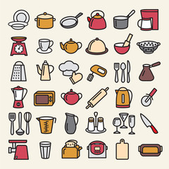Set of kitchenware color line icons