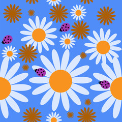 Fototapeta na wymiar Cute seamless pattern with daisies and bugs
