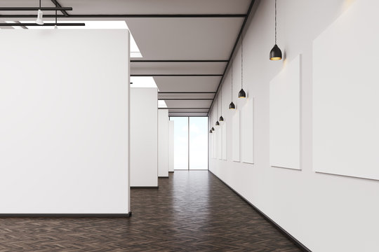 Long corridor in art gallery with dark wood floor