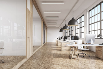 Front view of an office interior with massive ceiling lamps - obrazy, fototapety, plakaty