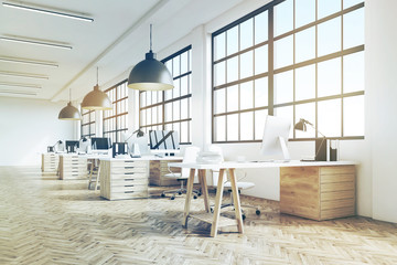 Long office with wooden floor, toned