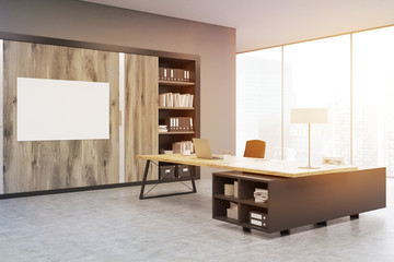 Corner of a CEO office with wooden doors and a bookcase, toned