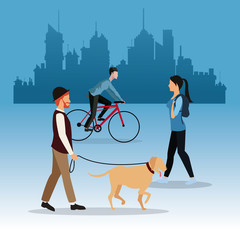 man dog girl walking and guy ride bike city background vector illustration eps 10