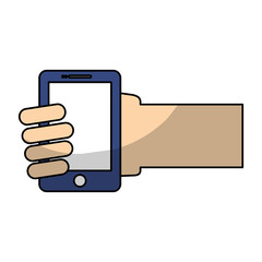 human hand holding a smartphone device icon over white background. vector illustration