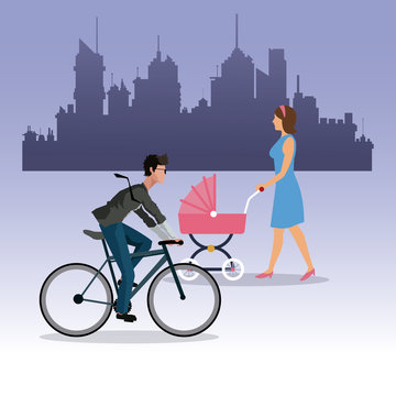 woman walking pram and boy ride bike city background vector illustration eps 10