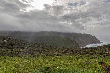 Cloudy autumn day at Cape Roca, Sintra, Portugal. Cape Roca (Cabo da Roca) is the westernmost point of continental Europe.