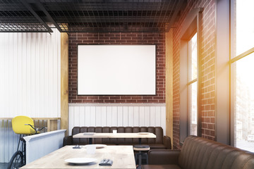 Diner interior with yellow and brown furniture, toned
