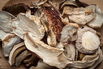 Dried mushrooms in wooden bowl.