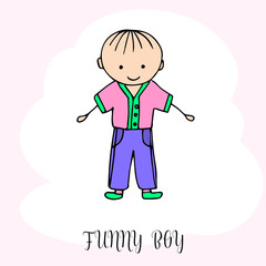Funny little boy. Hand drawing in cute kids style. Design element for decoration souvenirs, cards, poster, banner. Imitation drawing child. Doodles. Vector illustration isolated on white background.