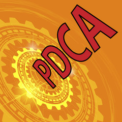 Orange industrial background with gear and red title PDCA