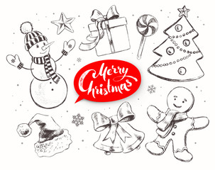Christmas vintage line art vector set
