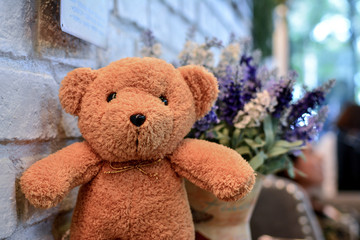 Teddy bear with vintage blur flower and bokeh background