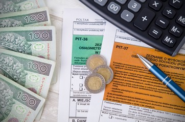 Polish tax form with cash