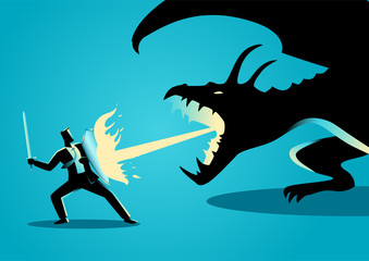 Businessman fighting a dragon - obrazy, fototapety, plakaty