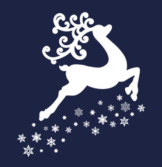 Obraz premium Christmas Reindeer and snowflakes. Vector illustration of a blue silhouette reindeer isolated on white background