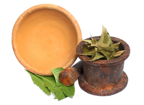 Neem leaf with soil bowl & iron mortar and pastle