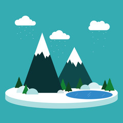 Snowy mountain Vector illustration Winter landscape Blue lake among fir trees and snowy mountains Snowy winter day Flat design