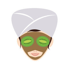cartoon woman face with relaxation mask. natural spa center concept. colorful design. vector illustration