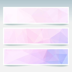 Vector banners set with polygonal abstract triangles. Abstract polygonal low poly banners. Pink, white colors
