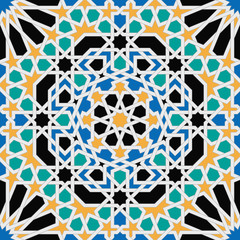 Islamic geometric ornaments based on traditional arabic art. Oriental seamless pattern. Muslim mosaic. Colorful vector illustration. Blue, green and yellow arabian tile. Mosque decoration element.