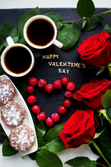 Happy Valentine inscription, cherry, muffins, coffee and red roses