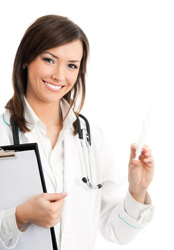 doctor or nurse with syringe and clipboard, isolated