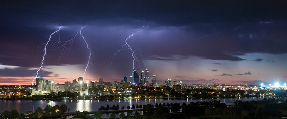 Naklejka na ściany i meble Stunning multiple lightning strikes over Perth CBD