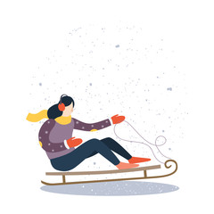 Cartoon girl riding on sleigh with mountains. Winter sports - sledding. Vector illustration.
