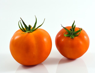 Two fresh tomatoes on white background. Organic vegetable for healthy eating.