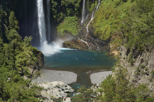 Waterfall Velo de la Novia (Bride's Veil) in Parque Nacional Radal Siete Tazas in Maule, Chile.