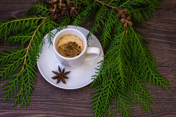 Obraz na płótnie Canvas Cup of coffee on dark wooden table