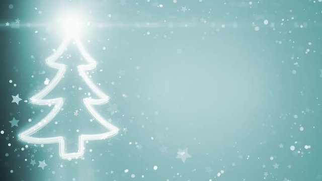 Merry Christmas greeting card: Christmas tree with shining light, falling snowflakes and stars.