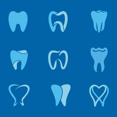 teeth blue. Set of teeth, tooth icons on blue background. Can be used as logo for dental, dentist or stomatology clinic, teeth care and health concept