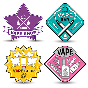 vape life labels. Vape shop and bar Isolated logos on white background. Set of vape, e-cigarette emblems, labels, prints and logos