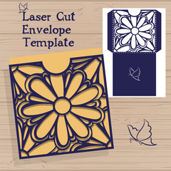 Lasercut vector wedding invitation template. Wedding invitation envelope with flowers for laser cutting. Lace gate folds.Laser cut vector.