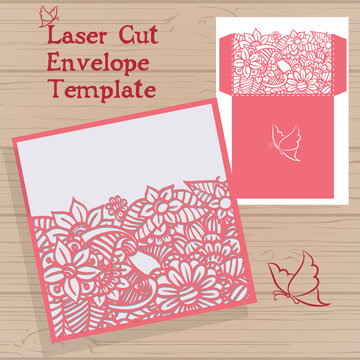 Lasercut vector wedding invitation template. Wedding invitation envelope with flowers for laser cutting. Lace gate folds.Laser cut vector.