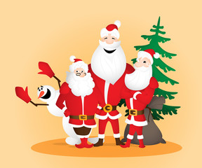 Three Santa Clauses with snowman and sack and Christmas tree