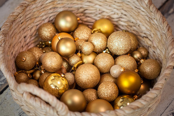 Full Basket the Golden Balls for the Christmas Tree