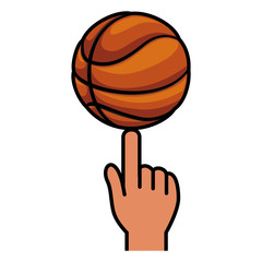 finger holding a basketball ball icon over white background. vector illustration