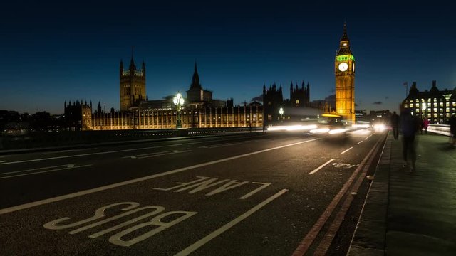 Time lapse clip of traffic passing Westminster bridge in London. Big Ben and Houses of Parliament in the background.