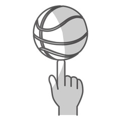 finger holding a basketball ball icon over white background. vector illustration